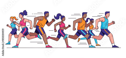 Group of colorful runners people isolated on white background. Cartoon jogging male and female in motion vector flat illustration. Person runner race lifestyle, competition between man and woman