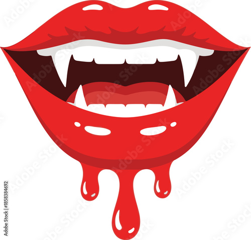 Red vampire lips with fangs and dripping Halloween