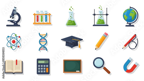 Collection of science and education icons and symbols.
