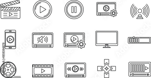 Media player and video streaming line icons set featuring play, pause, broadcast, controls and playback interface symbols