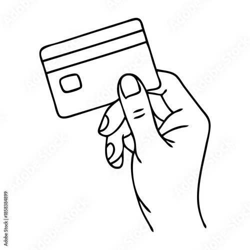 Dibujo minimalista con líneas de una mano pagando con una tarjeta de crédito	