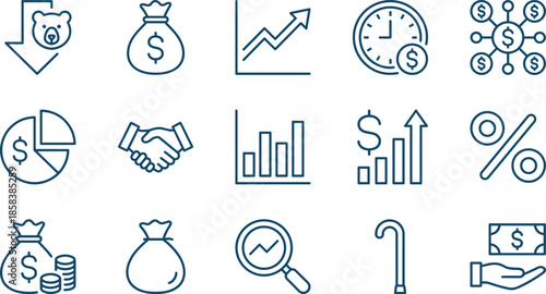 Blue line icon set for investment and finance featuring bear market trends growth charts money bags retirement planning and handshake deals