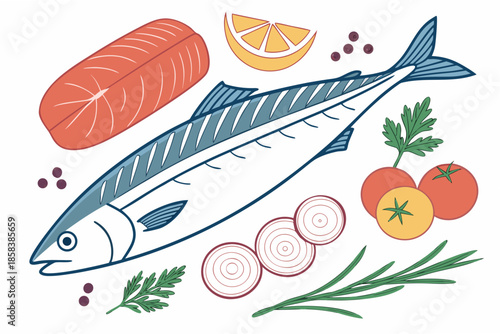 Fresh Fish Cooking Ingredients  Clean Vector  Isol (8) Vector Illustration