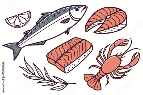 Fresh Fish Cooking Ingredients  Clean Vector  Isol (6) Vector Illustration