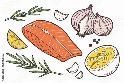 Fresh Fish Cooking Ingredients  Clean Vector  Isol (9) Vector Illustration