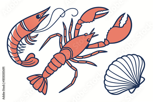 Seafood Flat Lay Composition  Minimal Vector  Isol (6) Vector Illustration