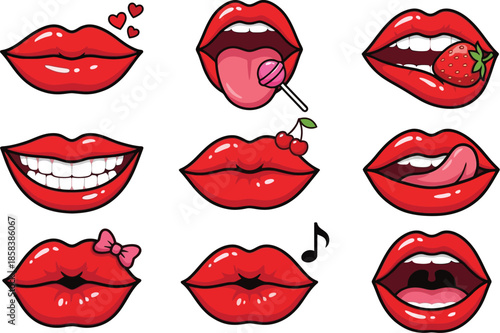 Sexy Red Lips Vector Illustration with Glossy Lipstick and Smile