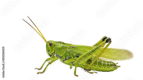 Isolated green grasshopper on neutral backdrop poses with antenna forward, summer insect