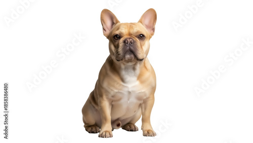 Isolated fawn French Bulldog sitting, looking ahead, cute and small dog, canine animal