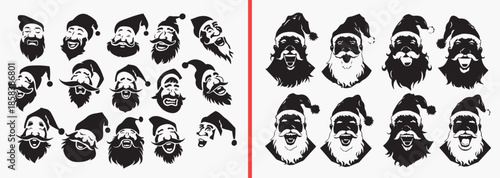 santa claus portrait silhouettes vector, christmas face clipart, holiday santa svg, winter festive illustration, santa head graphics, black santa portraits, christmas vector art, holiday character des