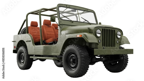 Isolated olive green offroad utility vehicle four-wheel drive with roll cage for leisure use