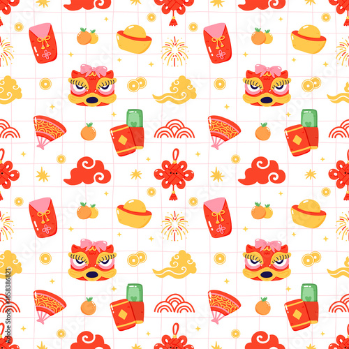 Chinese New Year Repeating Background with Gold Ingots, Lucky Knots, and Clouds for Festive Design