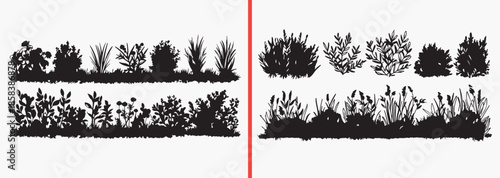 bush silhouettes vector, shrub plant clipart, garden bush svg, landscape foliage illustration, nature bush graphics, black plant silhouettes, outdoor greenery vector art, landscaping design elements, 