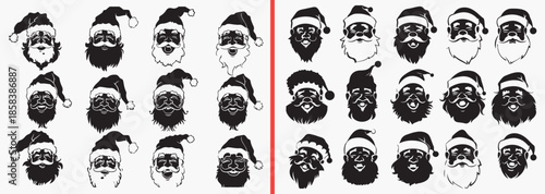 santa claus face silhouettes vector, christmas santa clipart, holiday santa svg, festive illustration, winter santa graphics, black santa silhouettes, christmas vector art, holiday decoration design, 