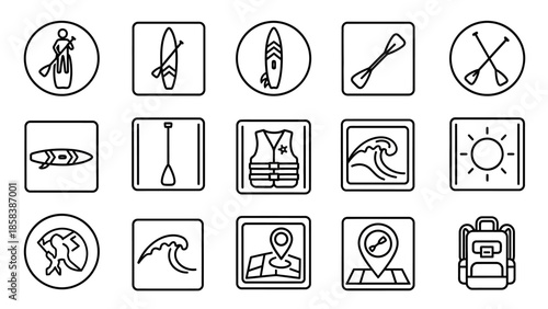 Collection of Stand Up Paddleboarding Icons and Symbols.