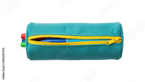 Canvastavla Isolated blue pencil case with yellow zipper, pens inside, stationery supply ite