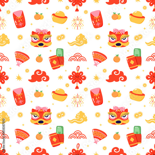 Chinese New Year Repeating Background with Gold Ingots, Lucky Knots, and Clouds for Festive Design