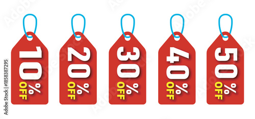 Vibrant red discount tags showcasing various percentage markdowns from 10% to 50% off