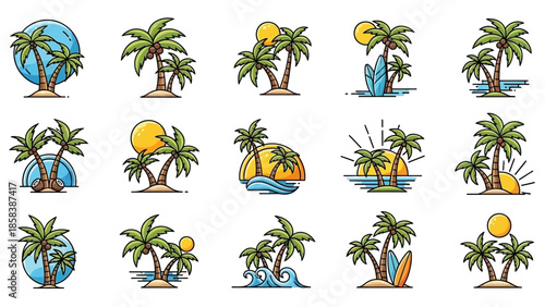 Collection of stylized tropical palm trees with sun and ocean elements.