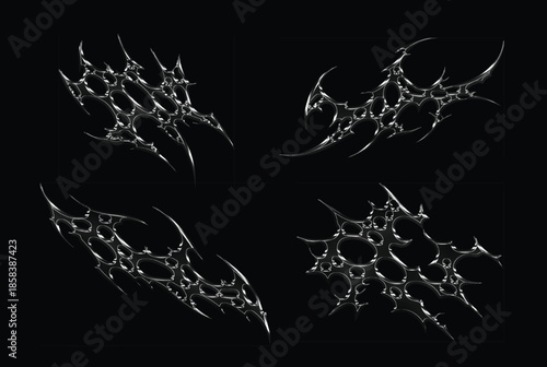 Set 3d chrome metal effect neo tribal y2k gothic style tattoo. Cyber sigilism abstract design. Black flame ornaments with sharp edges and metalcore aesthetic. Vector decorative elements