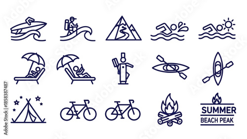 Collection of Summer Recreation and Outdoor Activity Icons.