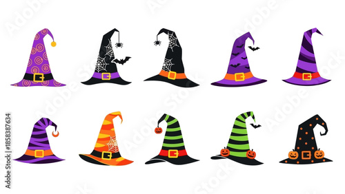 Collection of ten colorful Halloween witch hats with buckles and ribbons.