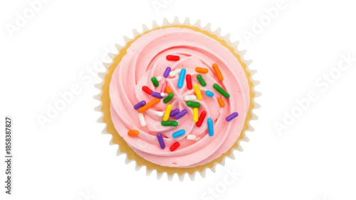 Fotografía Isolated cupcake with pink frosting and colorful sprinkles, dessert pastry on ta
