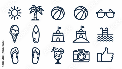 Collection of summer vacation icons representing beach and holiday activities.