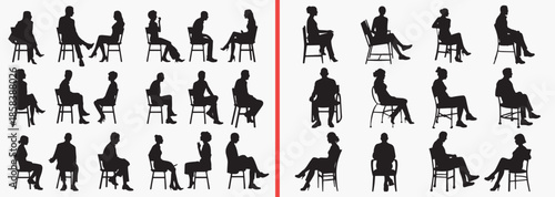 sitting people silhouettes vector, relaxed human clipart, chair sitting svg, lifestyle illustration, resting people graphics, black sitting silhouettes, casual people vector art, human posture design,