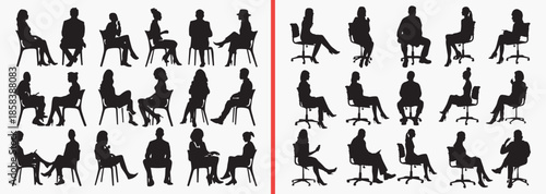 sitting people silhouettes vector, relaxed human clipart, chair sitting svg, lifestyle illustration, resting people graphics, black sitting silhouettes, casual people vector art, human posture design,