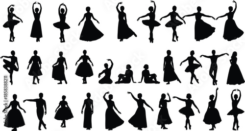 Collection of ballet dancer silhouettes performing elegant classical poses isolated on white background for dance art design projects