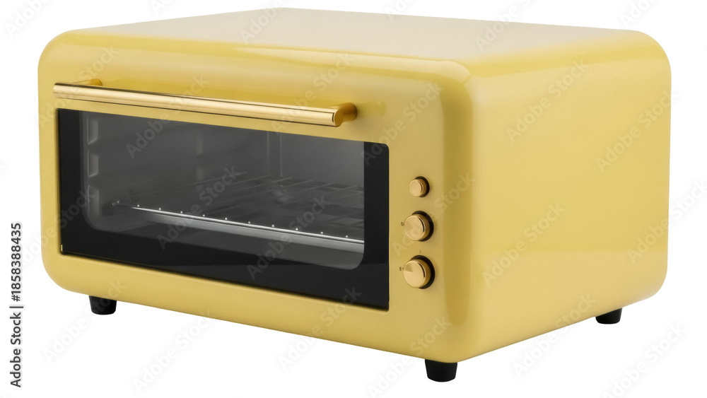 Obraz premium Isolated yellow retro toaster oven, vintage design, modern kitchen appliance for baking food