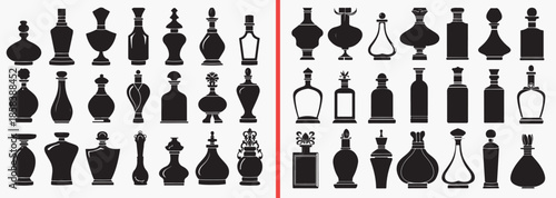 perfume bottle silhouettes vector, fragrance bottle clipart, cosmetic perfume svg, luxury scent illustration, glass bottle graphics, black perfume silhouettes, beauty vector art, cosmetic packaging de