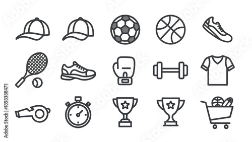 Collection of sports equipment and icons in a simple line art style.