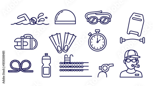 Collection of swimming sport icons and equipment line art.