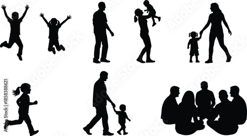 Family life silhouettes showing parents and children playing walking sitting together isolated on white background for lifestyle concept design