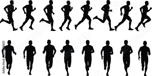 Running man silhouettes in different jogging poses, athletic male runner figures isolated on white background for fitness and sport design
