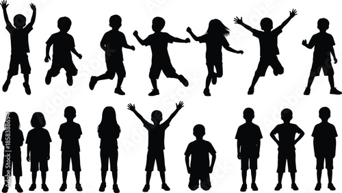 Set of children silhouettes in playful poses, boys and girls standing, jumping, and running, isolated on white background illustration