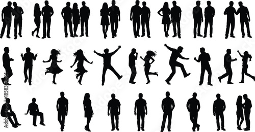 Collection of adult people silhouettes standing, walking, dancing and interacting together, black human figures isolated on white background for design projects