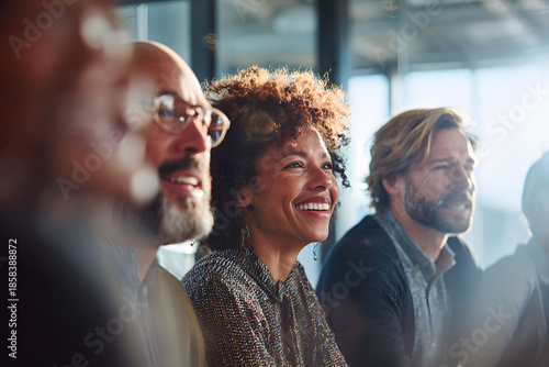 Close-up of diverse group of adults smiling in a meeting room with natural light.