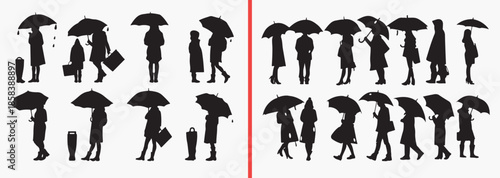 umbrella people silhouettes vector, rainy day clipart, walking in rain svg, weather illustration, people with umbrella graphics, black rain silhouettes, city rain vector art, monsoon lifestyle design,