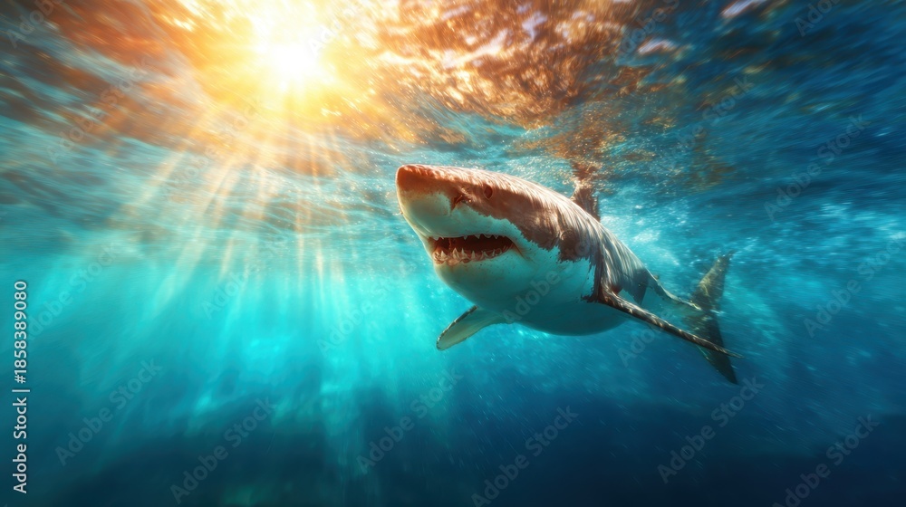 Obraz premium A powerful great white shark glides gracefully through vibrant blue waters under a stunning sunlit atmosphere, embodying the strength and beauty of marine life.