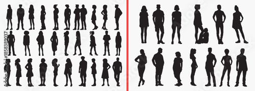 standing people silhouettes vector, men women clipart, human posture svg, lifestyle people illustration, casual standing poses, black people silhouettes, urban life vector art, character pose design, 