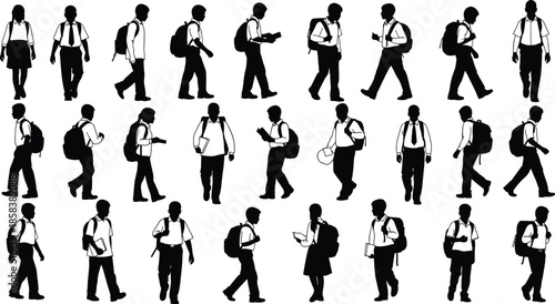 Student silhouette set showing school boys and girls walking with backpacks, reading books, and daily academic activities isolated on white background
