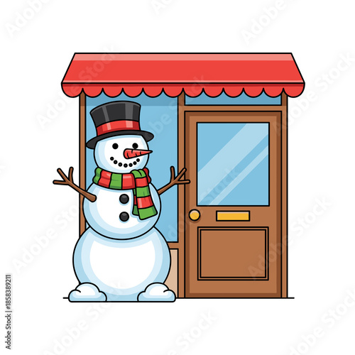 Snowman near shop door flat illustration on white background