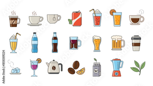 Collection of Various Beverage Illustrations and Drinks.