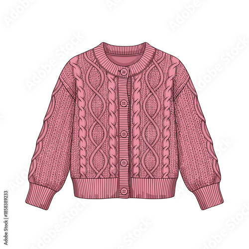 Pink knit cardigan flat illustration on white background