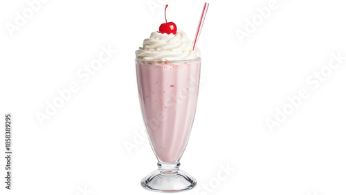 Canvas-taulu Isolated pink milkshake with whipped cream and cherry, a sweet beverage with a s