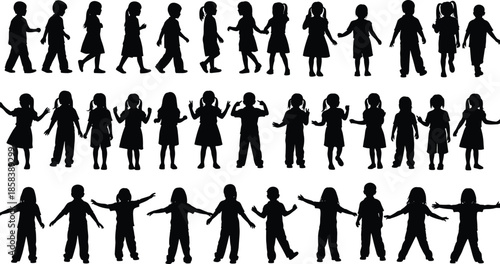 Children silhouette collection showing boys and girls walking, standing, gesturing, and playful poses, childhood activity set isolated on white background
