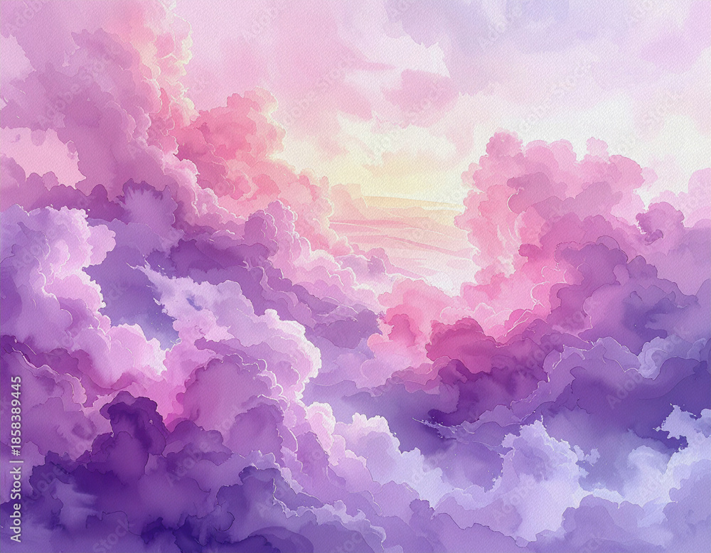 Fototapeta premium Vibrant watercolor painting of voluminous lavender and magenta clouds illuminated by bright celestial light